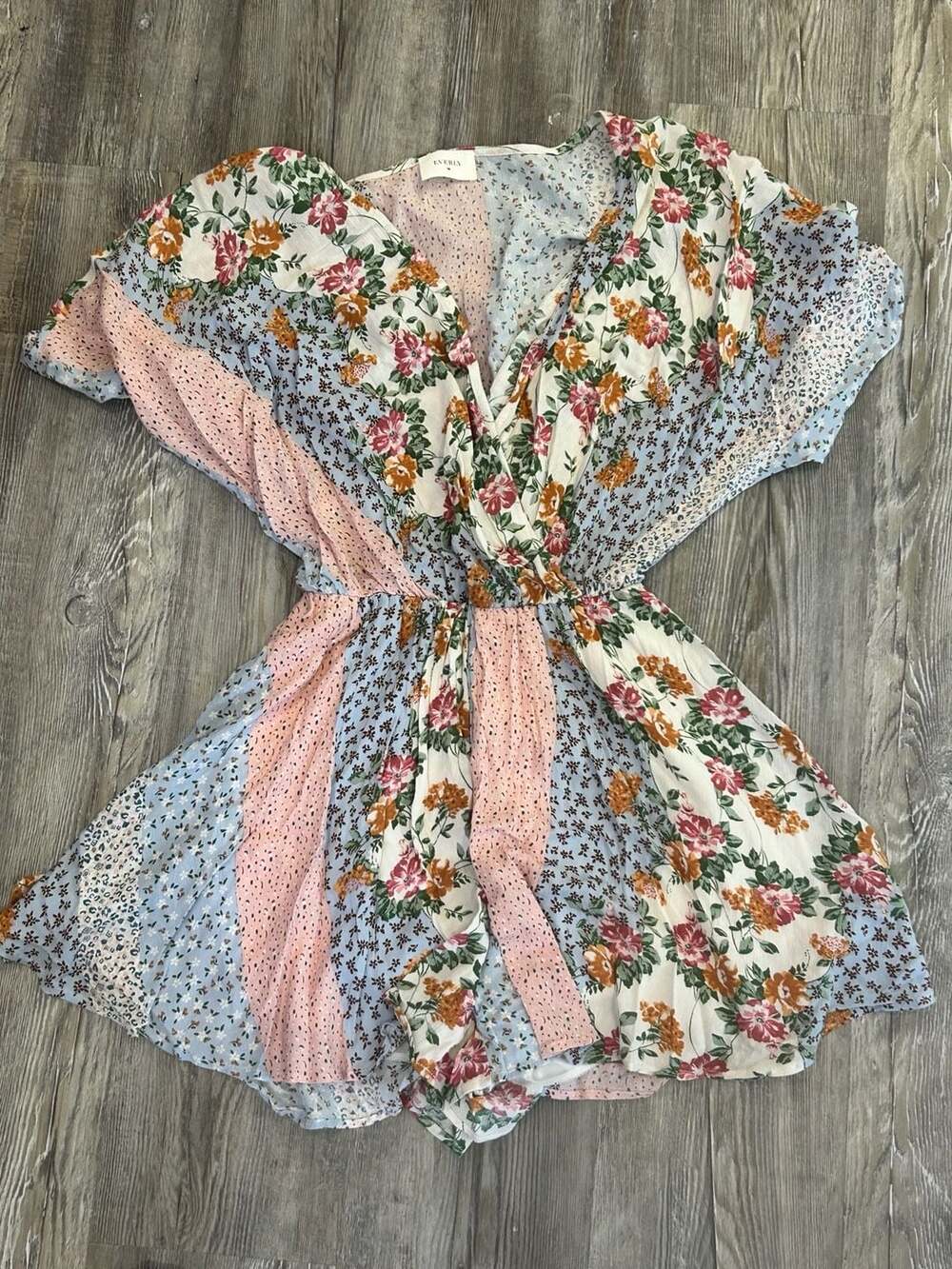 Everly Floral Patchwork Wrap Romper Womens Small Boho Mixed Print